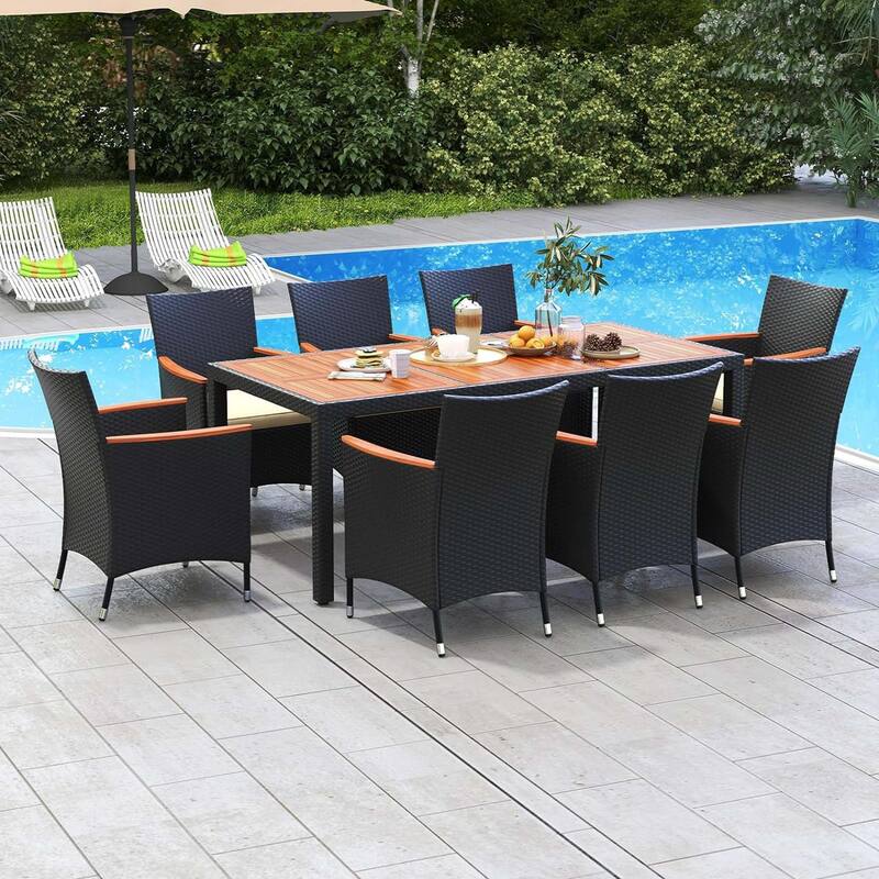 9PCS Outdoor Dining Set Patio Dining Chair & Table Set W/Umbrella Hole