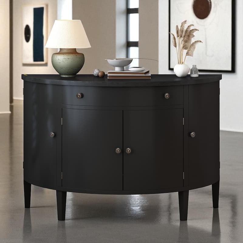 47" Curved Storage Cabinet with Drawer and Adjustable Shelves, Solid Wood Veneer Sideboard for Entryway or Study