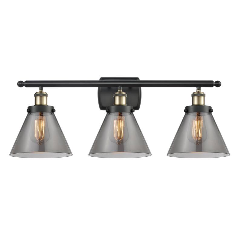 Innovations Lighting Ballston Urban Cone - 3 Light 28" Bath Vanity Light - Black Antique Brass/Light Smoke
