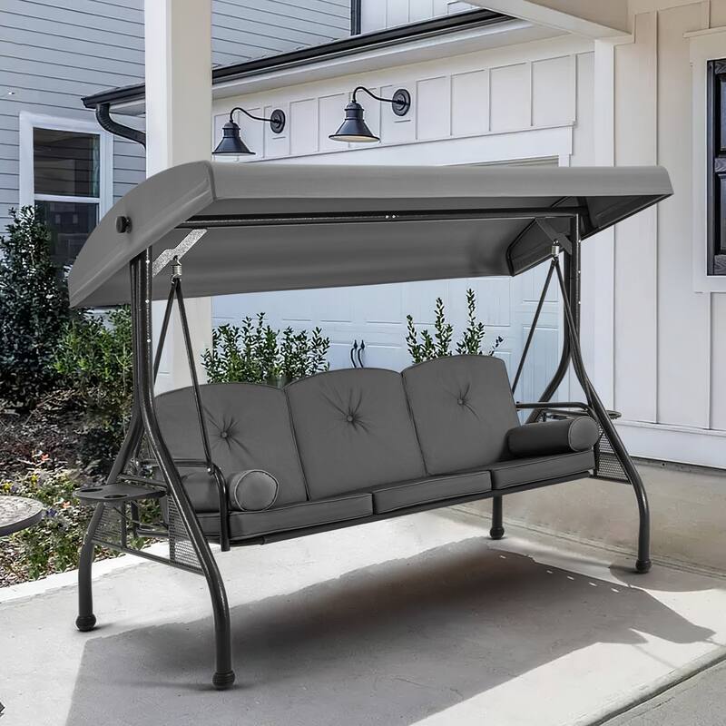 3-Seat Outdoor Porch Swing with Adjustable Canopy & Stand, Convertible Bed, All-Weather, Thickened Cushions & Cup Holders - Grey