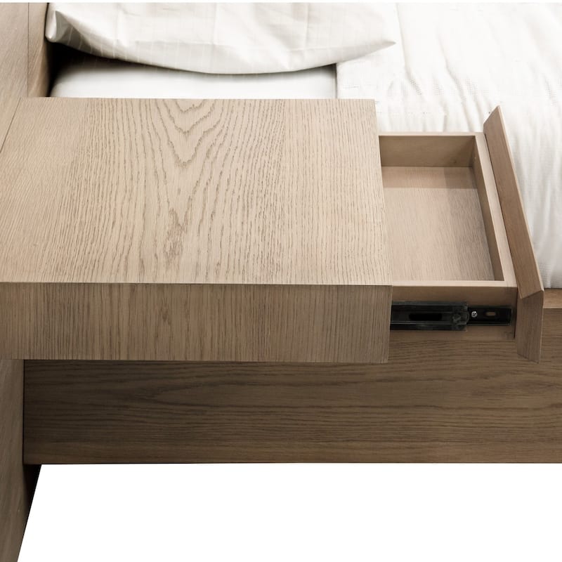 Aziel Queen Size Bed, Live Edge Headboard, Floating Side Shelves, Brown