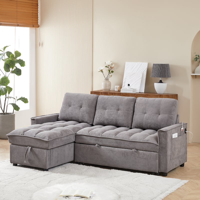 L-shaped Reclining Sofa Chenille Sectional Sofa with Storage Chaise, Pull Out Sleeper Bed, Charging Station and Side Pockets - Dark Grey