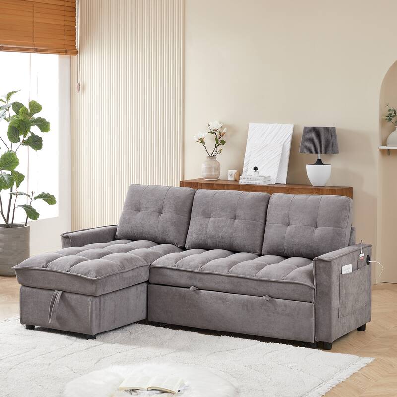 Modern Chenille L-Shaped Convertible Sofa Bed with Storage, USB and Type-C Charging Ports for Living Room