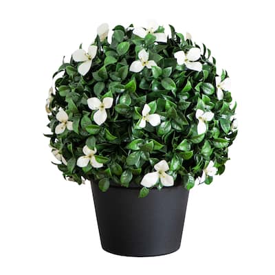 15-in UV Resistant Artificial Boxwood and Gardenia Topiary Plant - Green