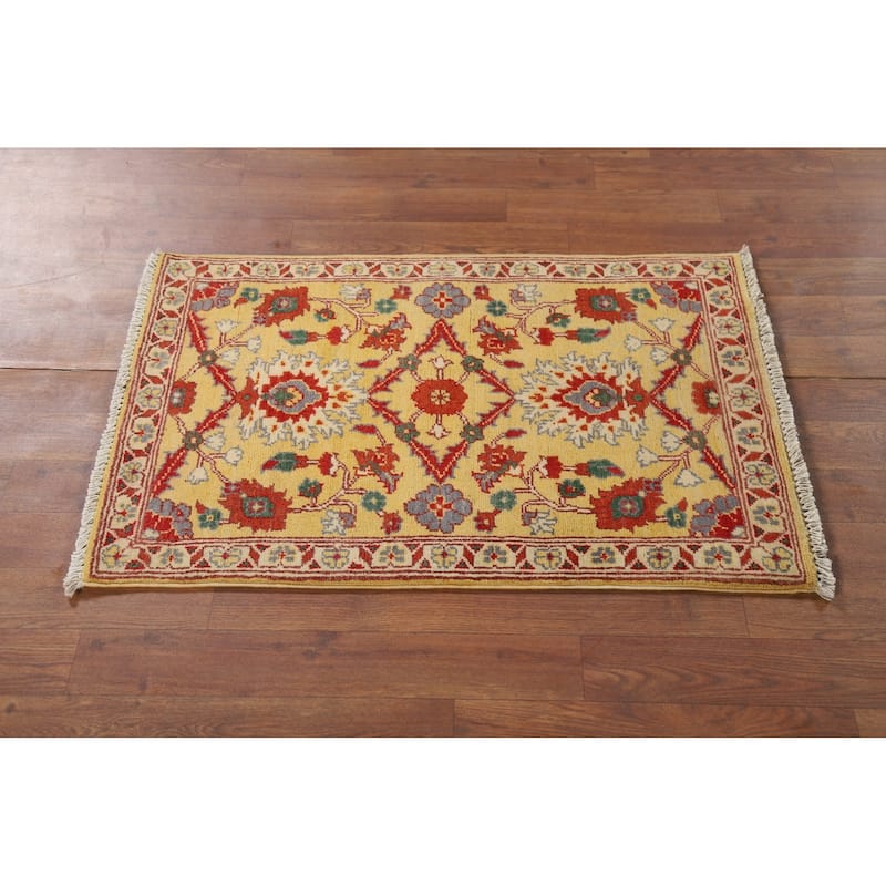 Yellow Kazak Oriental Foyer Rug Hand-Knotted Floral Wool Carpet - 2'0" x 3'0"