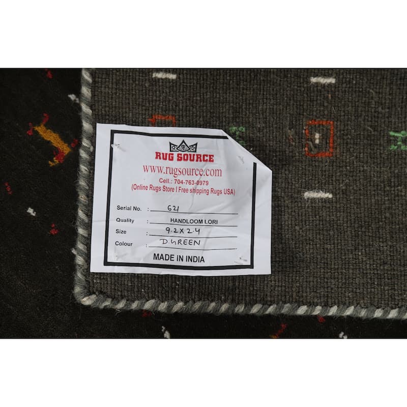 Little Animals Green Gabbeh Indian Runner Rug Hand-Knotted Wool Carpet - 2'4" x 9'2"