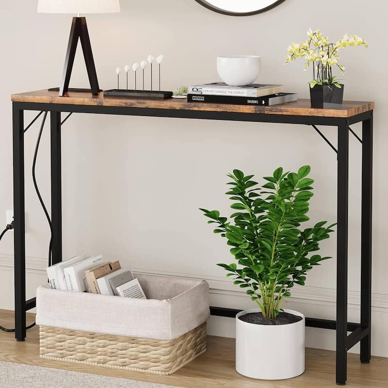 Modern Narrow Sofa Table with Charging Station