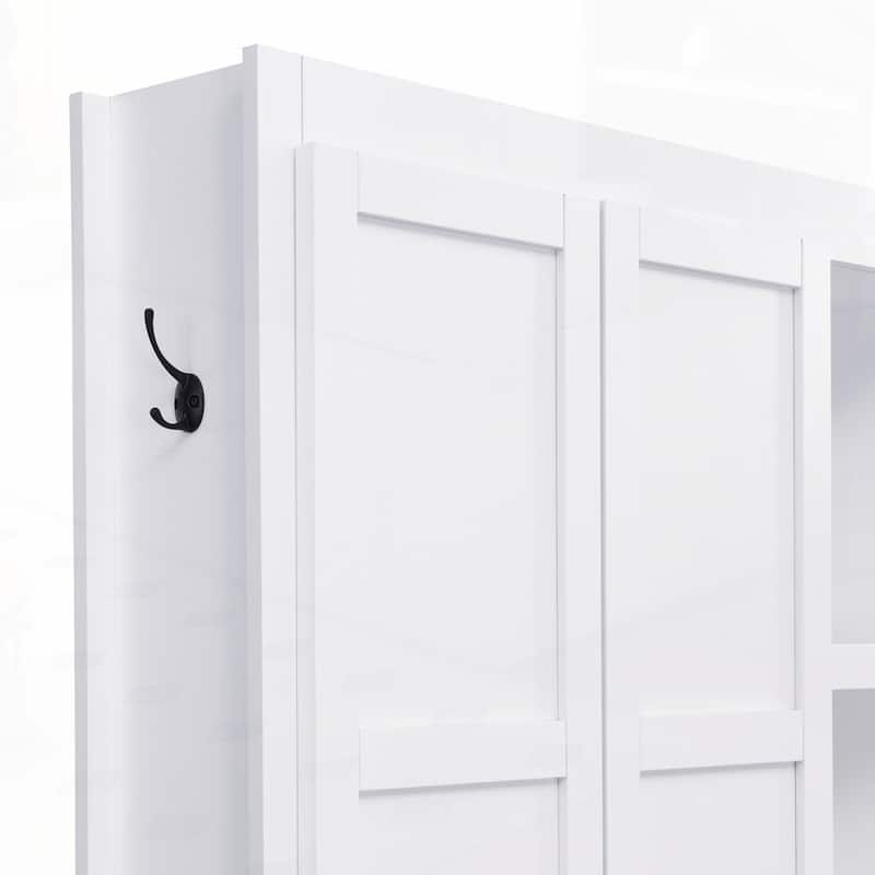 Farmhouse 4-in-1 Hall Tree with 6 Hanging Hooks, Mudroom Wood Grain Bench with Open Compartments