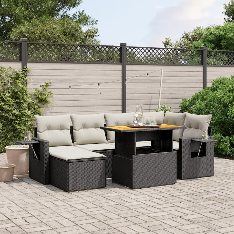 vidaXL Patio Sofa Set with Cushions Outdoor Conversation Furniture Poly Rattan - 21.7 x 39.4 x 28.7 - Black and Cream-without storage