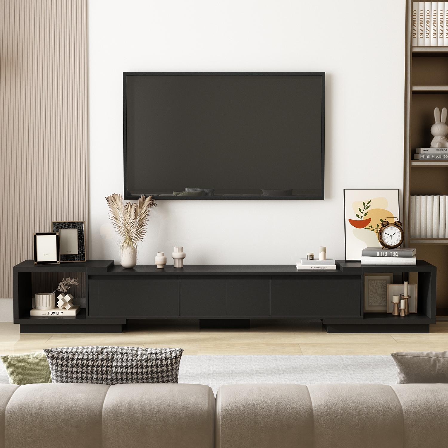 Modern Style Extendable TV Stand with 3Drawer White Black 65.4 106.3