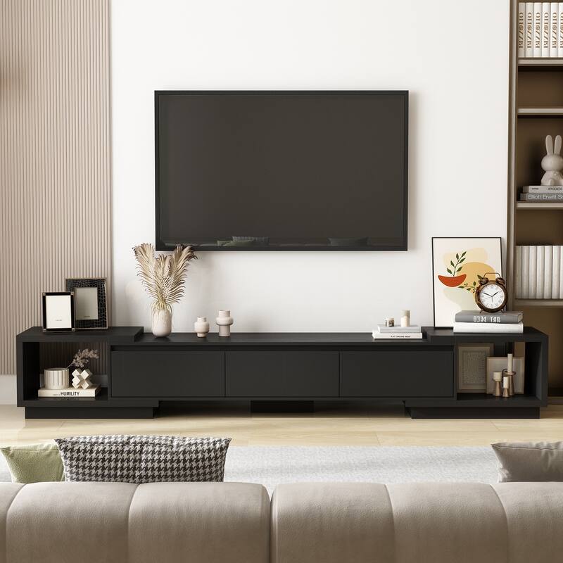 Modern Style Extendable TV Stand with 3Drawer White/Black 65.4"-106.3" Entertainment Center Table