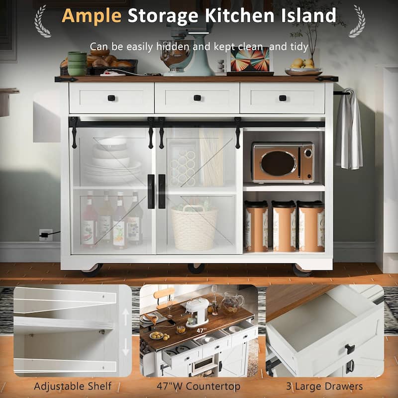 53.5'' Farmhouse Kitchen Island with Power Outlet, Drop Leaf, Spice Rack, Drawer, and Wheels