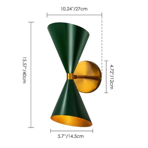 dimension image slide 3 of 4, 2-Light Modern Adjustable Head Cone Vanity Light Up&Down Dual Horn Hourglass Wall Sconce