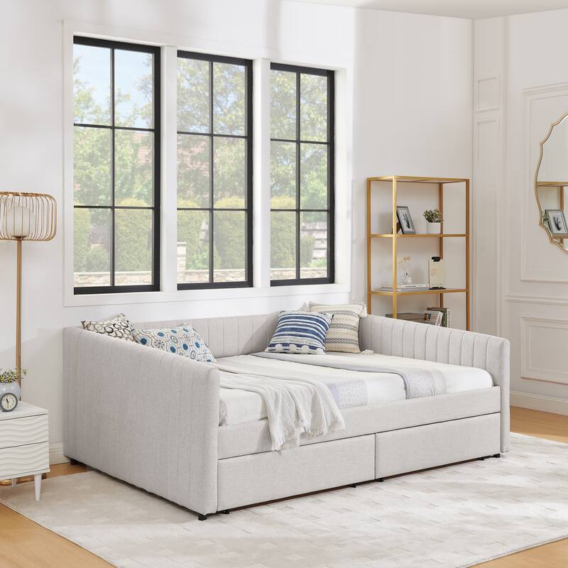 Queen Size Daybed with Two Drawers Trundle Upholstered Sofa Bed - Beige