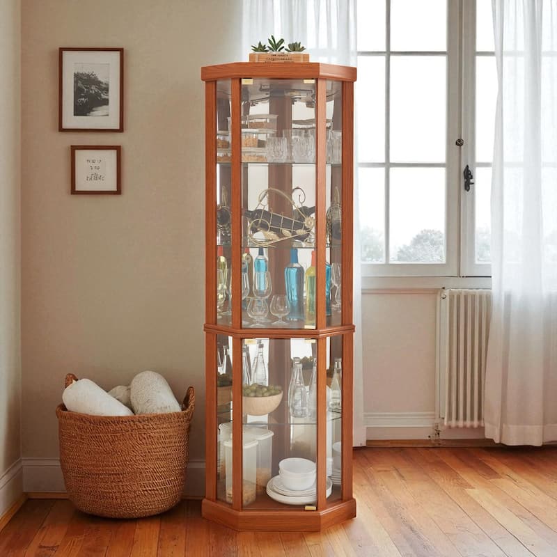 Lighted Corner Curio Cabinet with Glass Doors, Adjustable Shelves & Mirrored Back, Elegant Display Case for Wine - Dark Oak