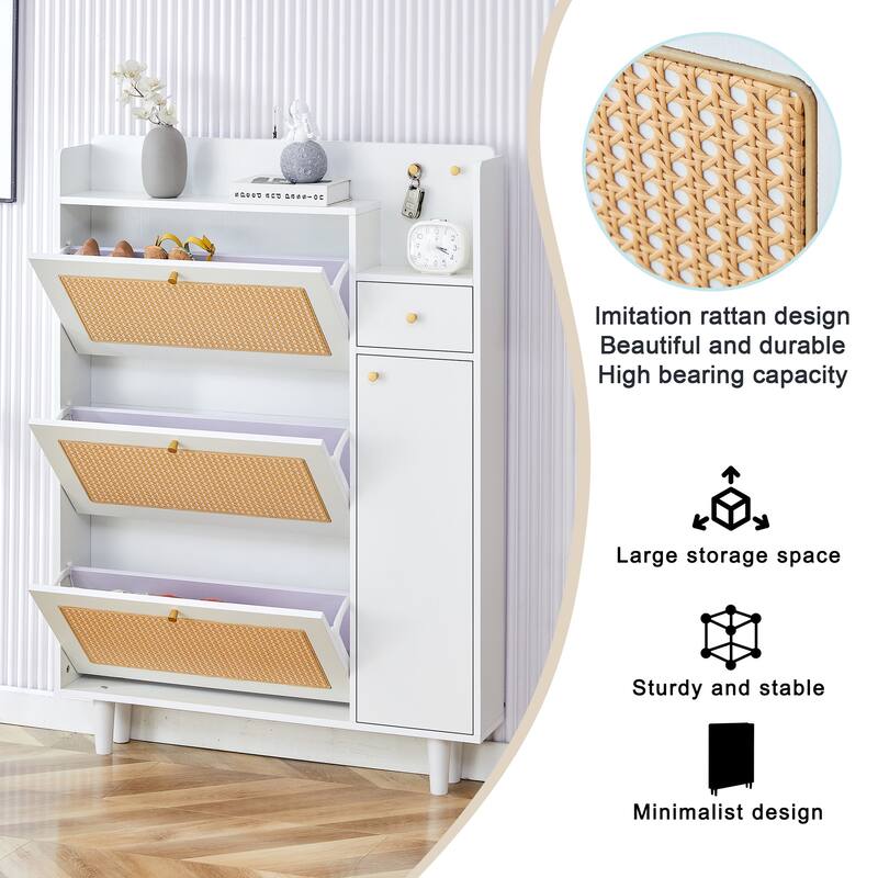 Stylish MDF Rattan Bed Top Cabinet, Shoe Rack Storage Cabinet for Bedroom, Hallway, Entryway with Retro Aesthetic
