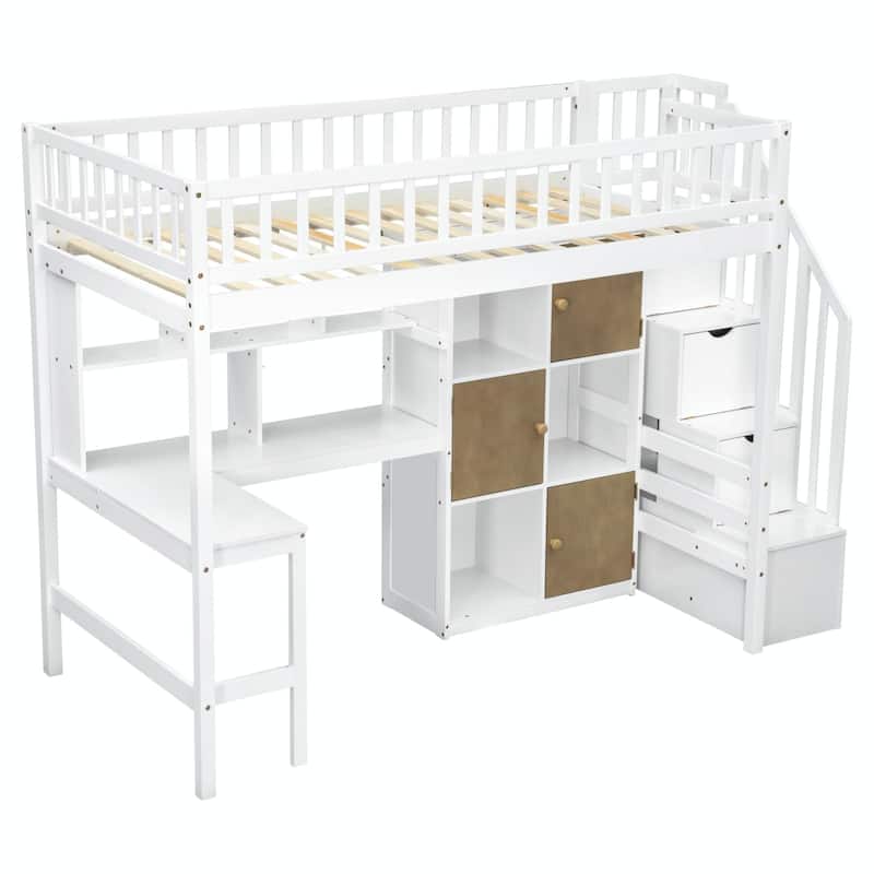 Wooden Twin Loft Bed with Built-in Desk, LED Lights, Storage Shelves, Cabinets & Staircase
