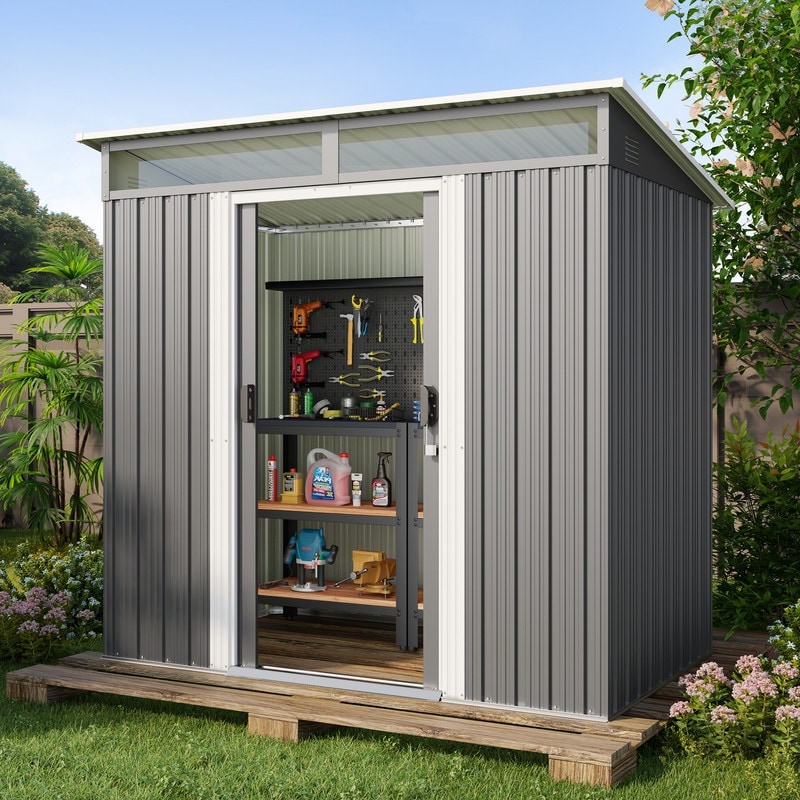 6' x 4' Outdoor Metal Storage Shed, Outdoor Metal Garden Shed with Glass Window and Sliding Door