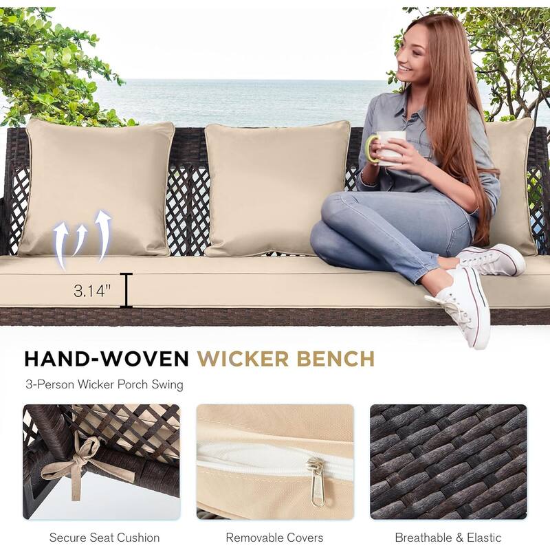 Outdoor 3-Seat Porch Swing with Adjustable Canopy & Cup Holder,Porch Swing Glider Chair, Heavy-Duty Steel Frame