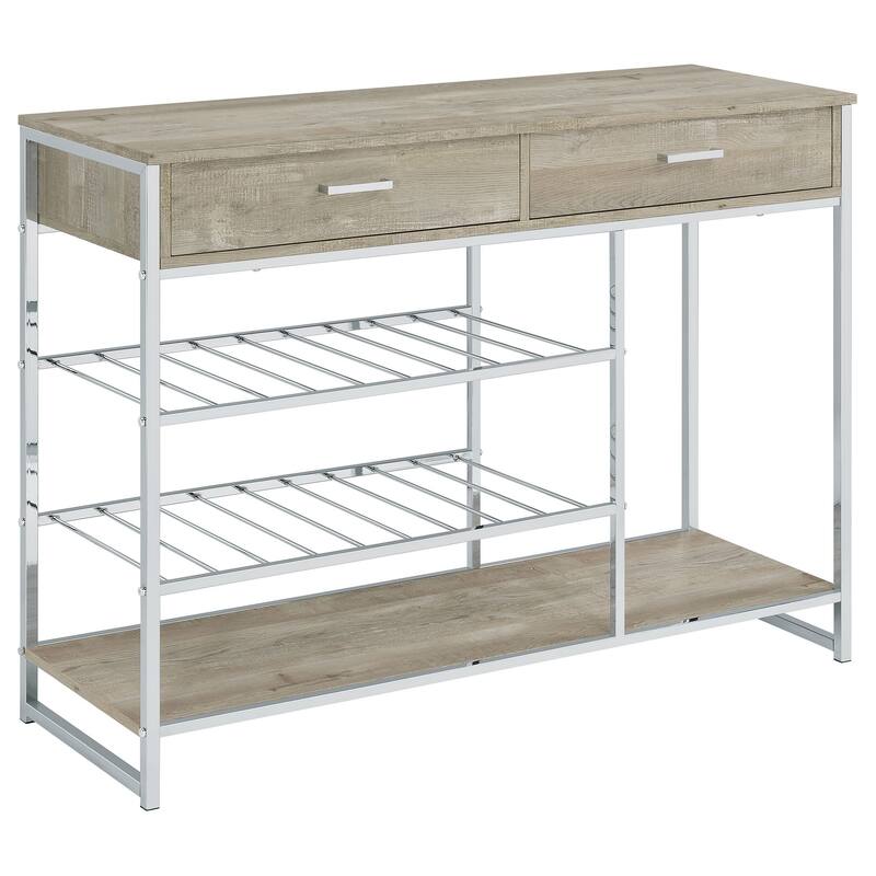 Mel 48 Inch Wine Rack Bar Sideboard, 2 Drawers, Shelves, Gray, Chrome Metal