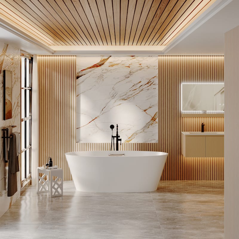 63 in. x 30 in. Solid Surface Stone Resin Freestanding Soaking Bathtub in. White with Tub Grab Bar and Drain Assembly