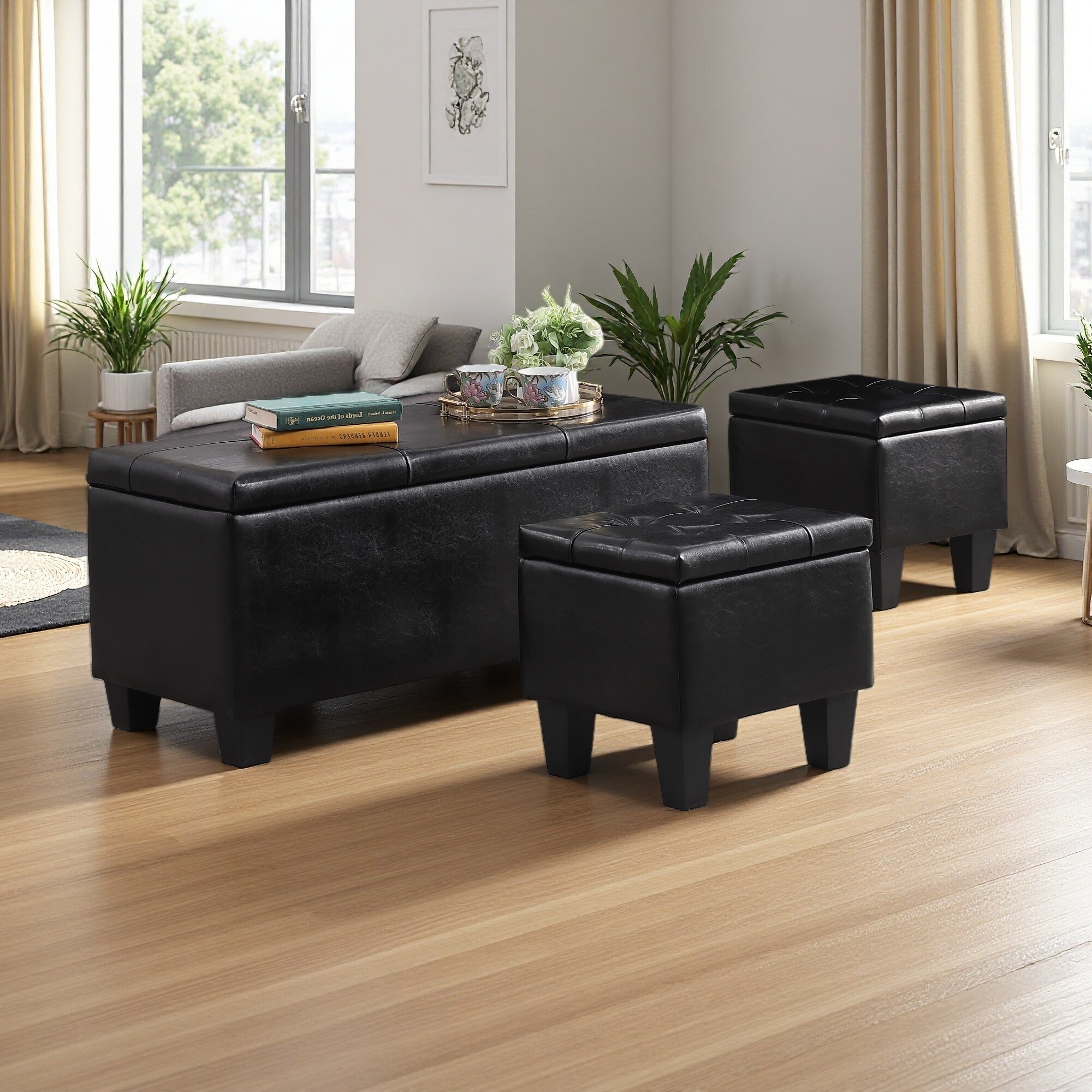 38.58"L 3-in-1 Large Storage Ottoman Bench Set, Tufted Linen Ottoman, 250 lbs Capacity, Multifunctional Storage for Living Room