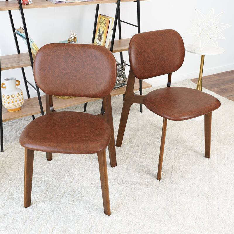 GDFStudio - Kelsey Mid-Century Modern Faux Leather Dining Chair with Solid Wood Base, Set of 2 - 21.1"W - Brown