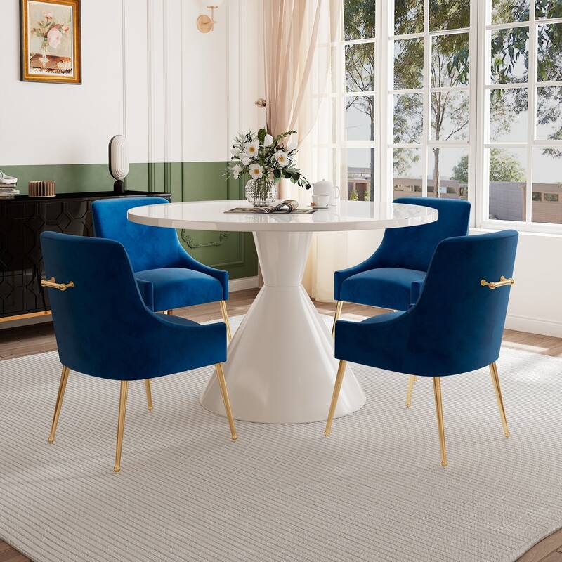 48" Light Luxury White High Gloss Large Countertop Dining Table with Velvet Dining Chair Set