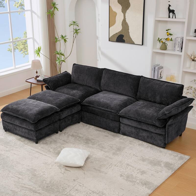 Modular Sectional Sofa, U Shaped Couch with 2 Ottomans, Storage Console & Wireless Charging, 2 Cup Holders, Bluetooth Speakers