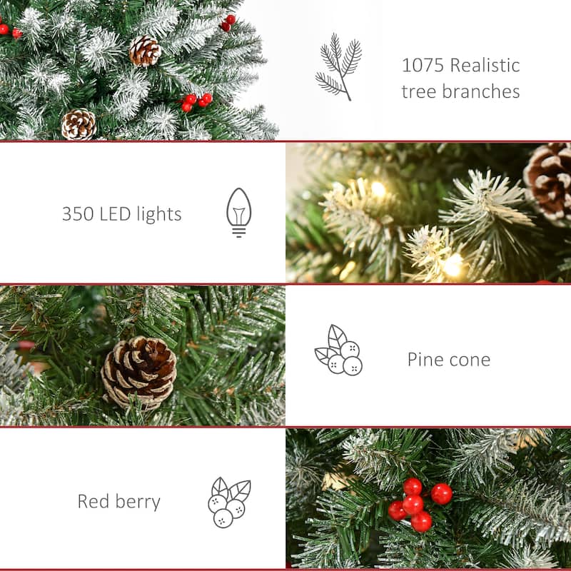 HOMCOM Pre-Lit Snow-Dipped Artificial Tree - Realistic Branches, LED Lights, Pine Cones, Red Berries - Green