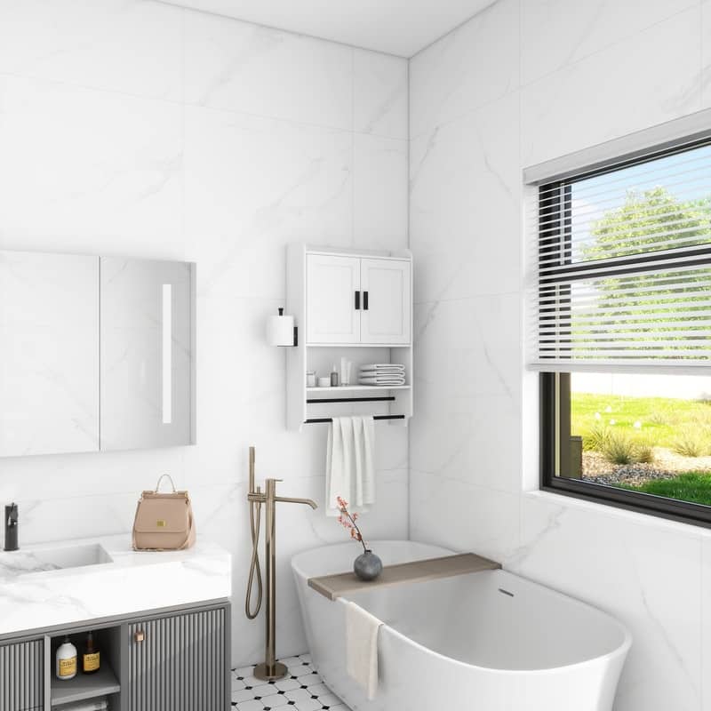 Bathroom Wall Cabinet with Doors,Adjustable Shelf,Towel Bar and Paper Holder