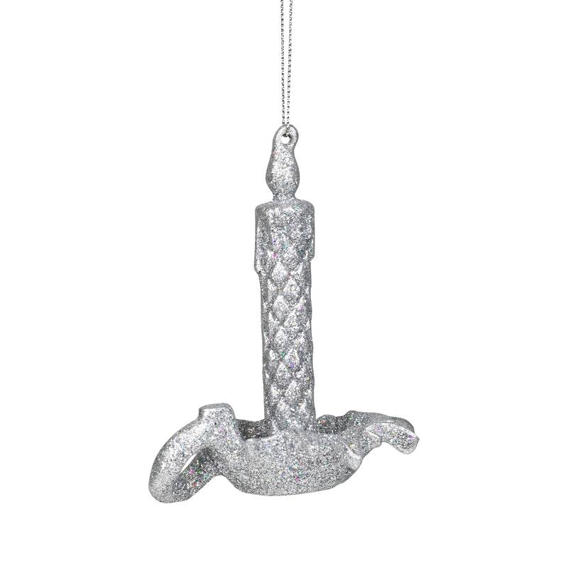 Glitter Drenched Candlestick Christmas Ornaments - 4" - Silver - Set of 4