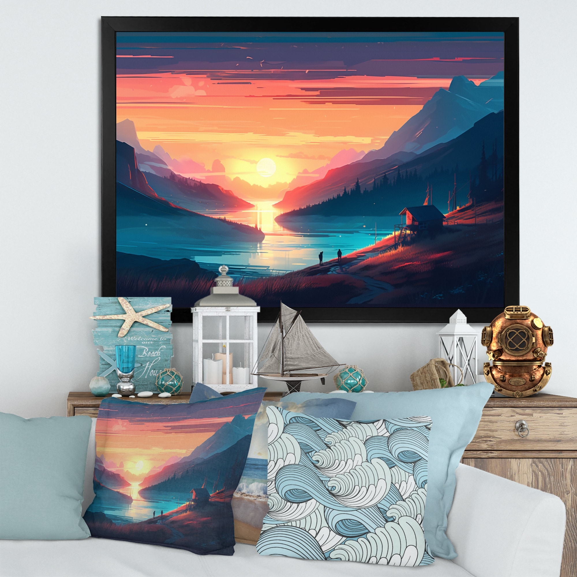 Minimalist Sunset Over Mountain Landscape 16 in x 32 in Painting Canvas Art Print, by Designart