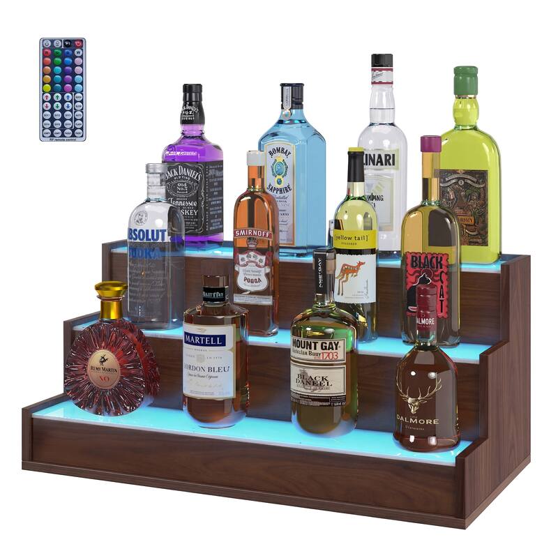 EROMMY LED Lighted Wine & Liquor Display Shelf with Remote, 3-Tier Tabletop Bar Rack, USB Powered