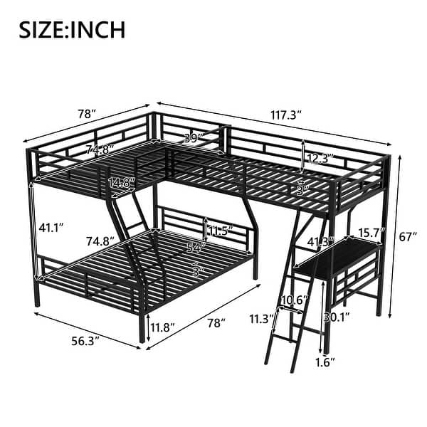 Black Contemporary Twin over Full Bunk Bed with Loft, Desk, Guardrails, Black