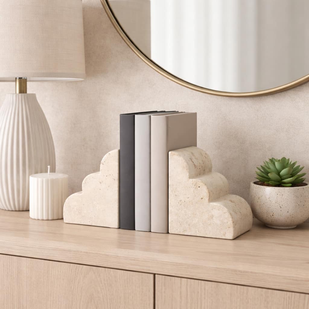 Travertine Modern Cloud Shape Bookends Set - Tan, 5" - 5.25"