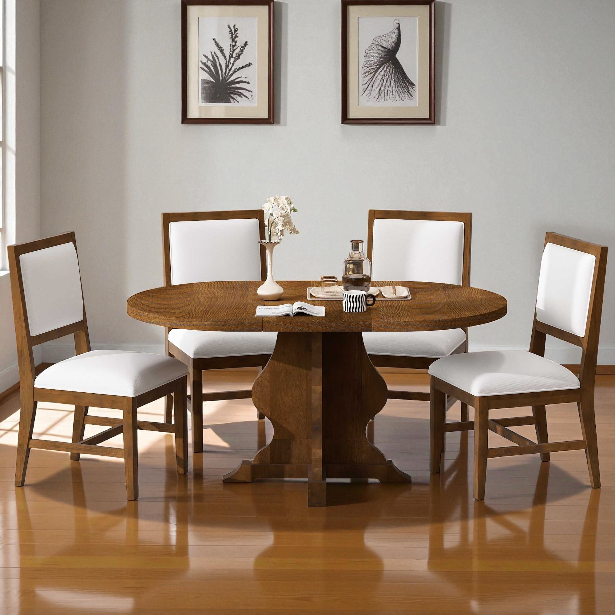 Farmhouse 5-Piece Extendable Dining Table Set, 42.5"-58.2" Wood Table with 15.7" Leaf and 4 Upholstered Chairs