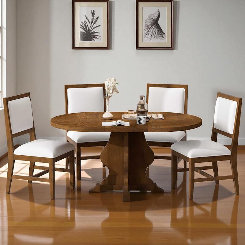 Farmhouse 5-Piece Extendable Dining Table Set, 42.5"-58.2" Wood Table with 15.7" Leaf and 4 Upholstered Chairs - Brown