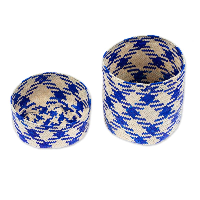 Novica Handmade Rooster In Blue Natural Fiber Basket