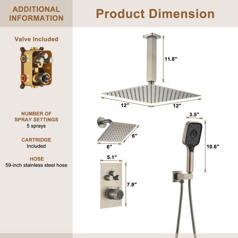 Celling 12 Inch Rainfall Shower Head 3 Function Thermostatic Shower System