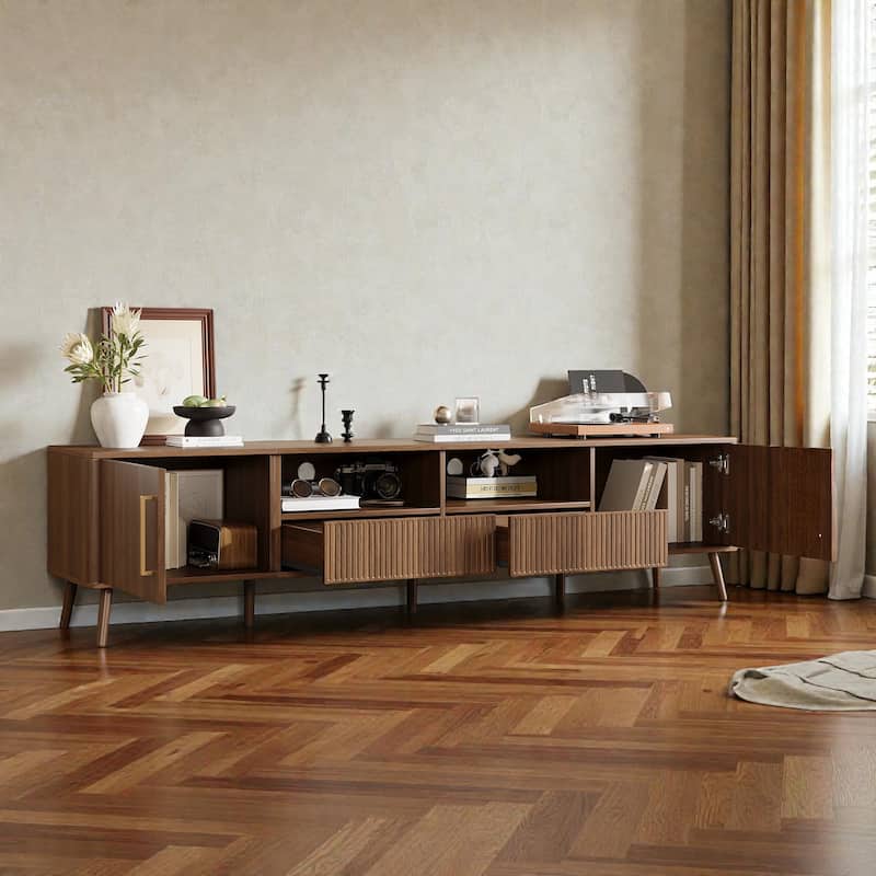 78" Modern TV Stand for TVs Up to 85", Entertainment Center with Soft-Close Doors, Open Shelf & Drawers, Solid Wood Legs