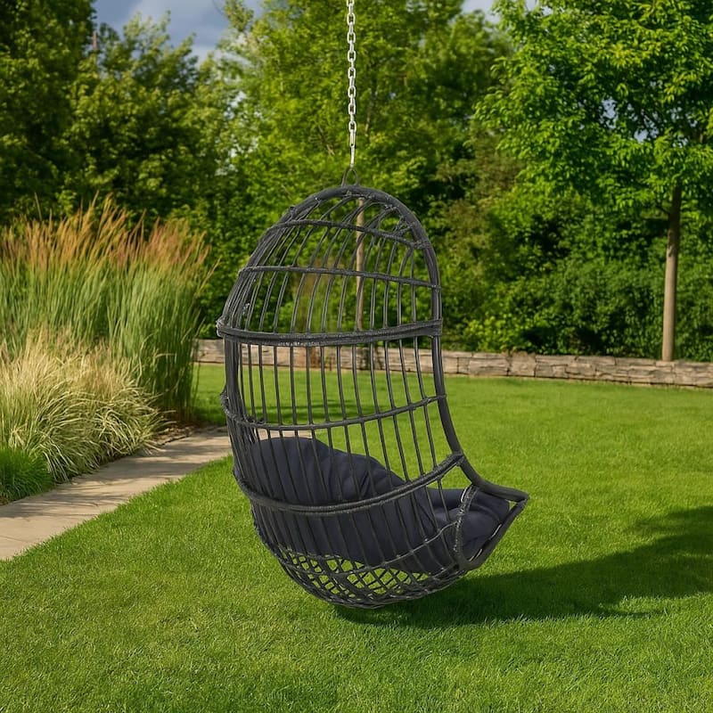 Fam Outdoor Hanging Lounge Chair Swing, Teardrop Design Gray Rattan