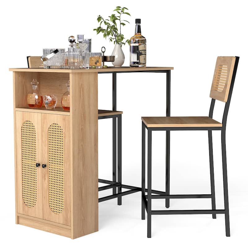 Gymax 3 PCS Bar Table and Chairs Set w/ 2 Bar Stools & Storage Shelves - Natural