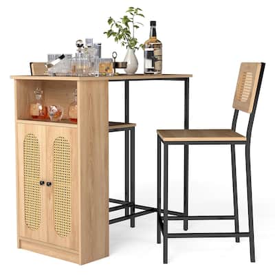 Gymax 3 PCS Bar Table and Chairs Set w/ 2 Bar Stools & Storage Shelves