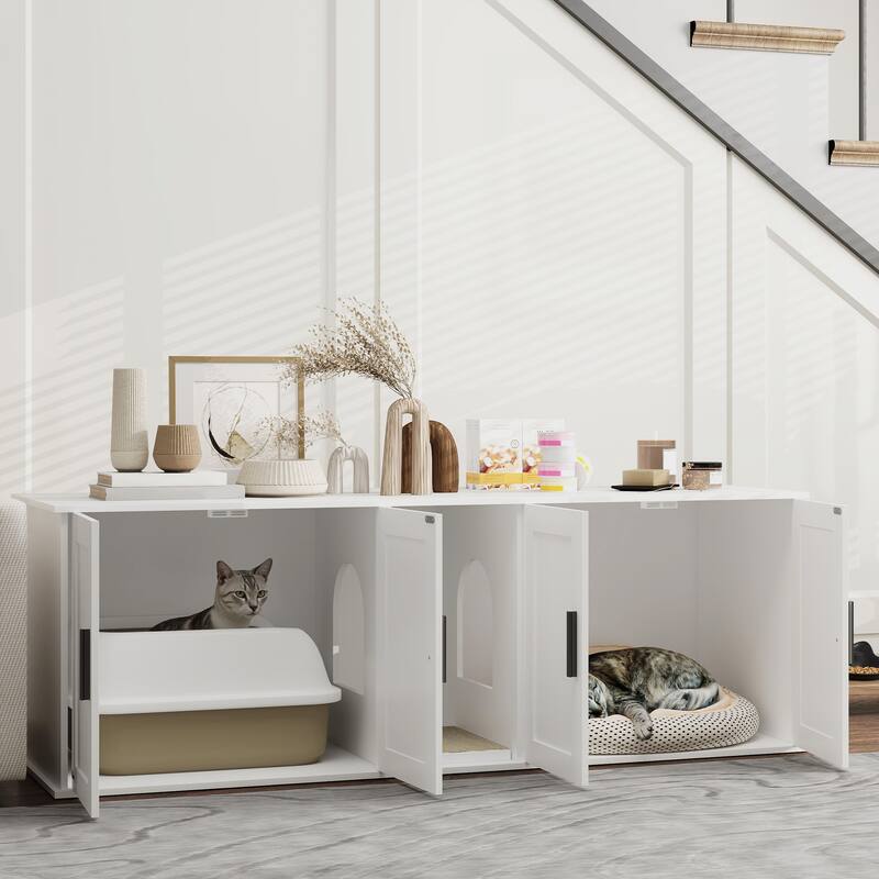 Multifunctional Cat House Wooden Litter Box Enclosure - White