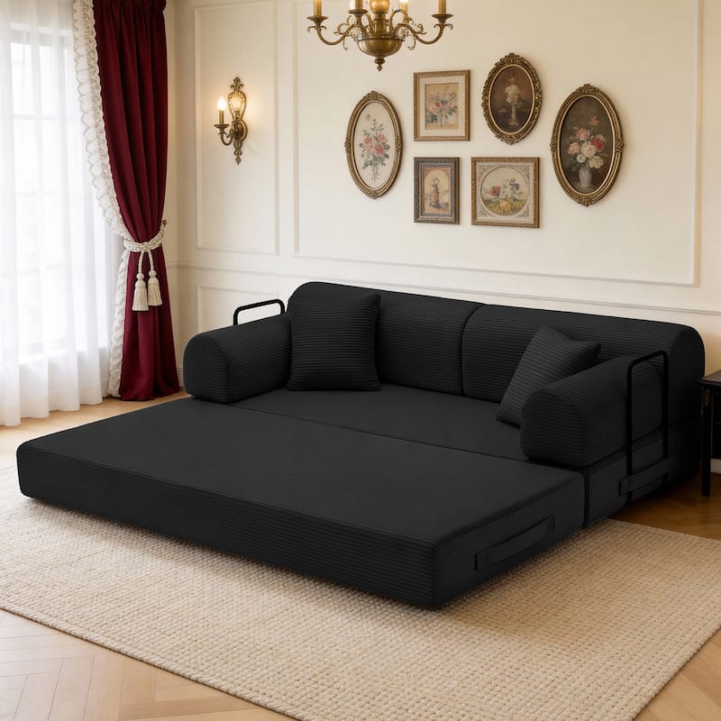 Convertible Sleeper Sofa Bed Corduroy Folding Mattress Couch with Fixed-Shape Frame
