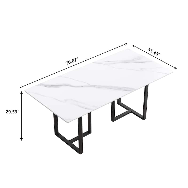 71" White Marble Dining Table for 6-8,Rectangular Tabletop and Triangular Carbon Steel Legs
