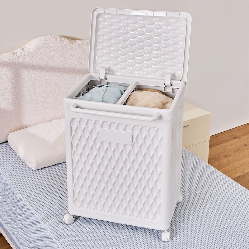 Javlergo White Rolling Laundry Hamper with Lid & Brakes 100L Dual Compartment Plastic Storage Cart with Wheels for Bathroom