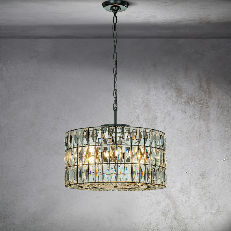 CraftHome Modern Farmhouse Elegant 4-Light Matte Black Drum Crystal Chandelier - W20" - W20"