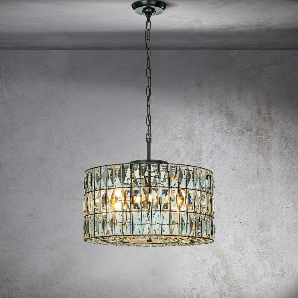 CraftHome Modern Farmhouse Elegant 4-Light Matte Black Drum Crystal Chandelier - W20"